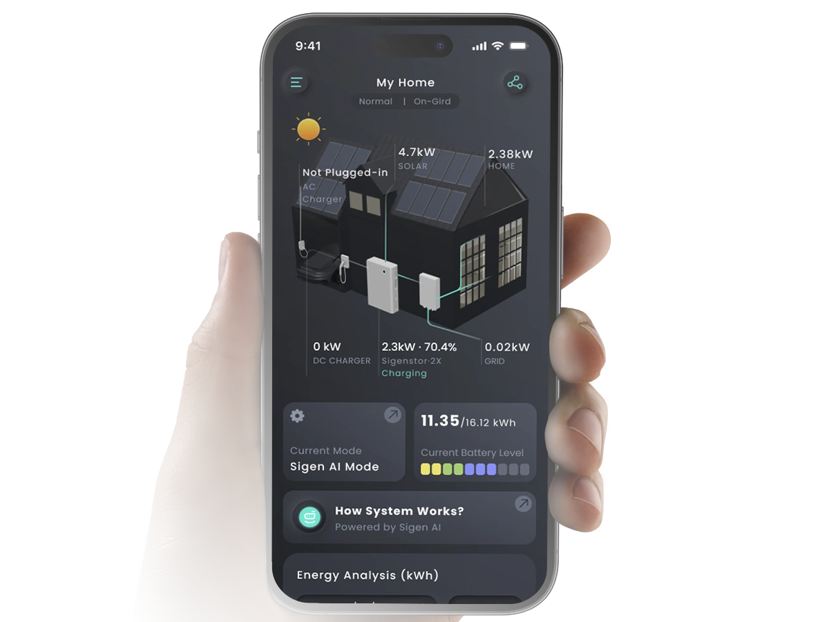 mySigen app monitoring dashboard showing real-time solar generation, battery state of charge and household consumption for a SigenStor residential system in South Africa