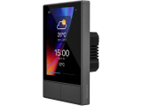Wi-fi smart thermostat on wall controlling a carbon fibre wall heating zone with phone-app scheduling and runtime monitoring