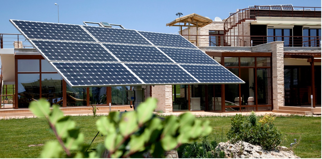 Modern passive house with high-performance insulation and solar panels